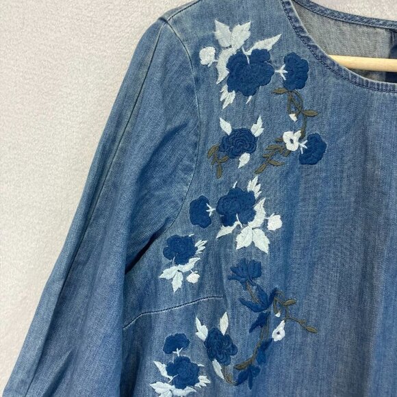 CECE Den Embroidered 3/4 Sleeve Chambray Shift Dress Size 10 Floral Boxy Denim - Picture 10 of 15